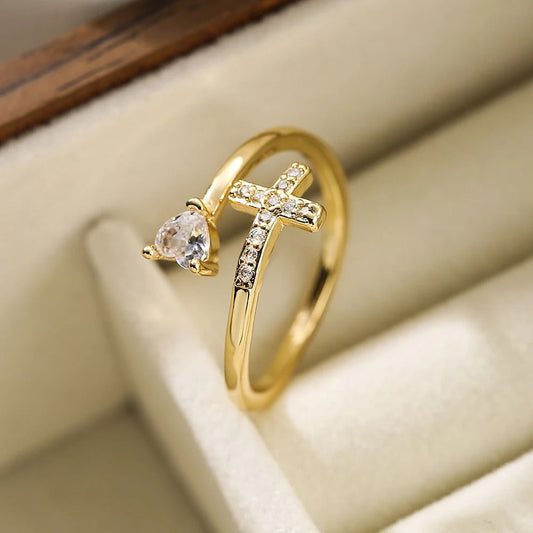Gold Sparkling Heart Cross Resizable Ring-EllyBoutique