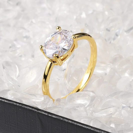 Gold Sparkling Oval Clear Stone & Simple Design Ring-EllyBoutique