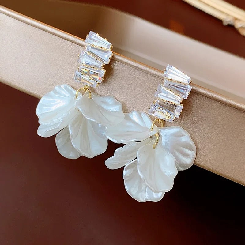 Sparkling Crystal Top Pearl Petal Earrings-EllyBoutique