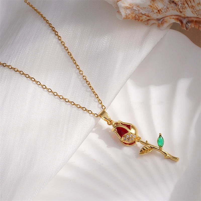 Vintage Gold Rose & Red Gemstone Necklace-EllyBoutique