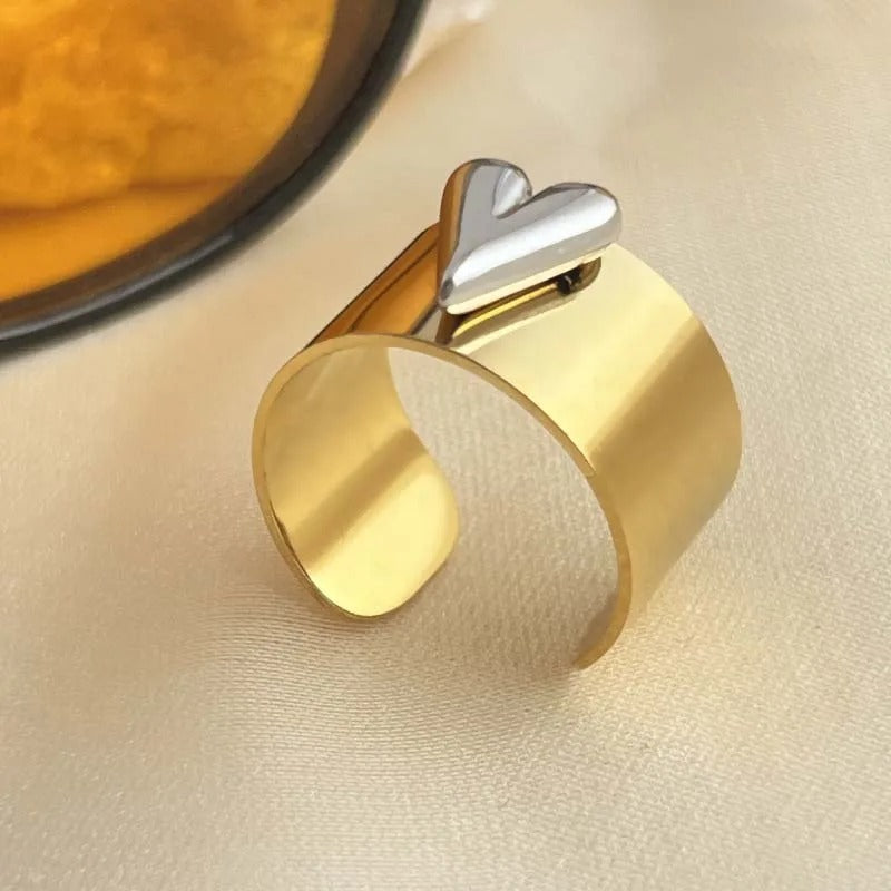 Vintage Gold & Silver Heart Cuff Open Ring-EllyBoutique