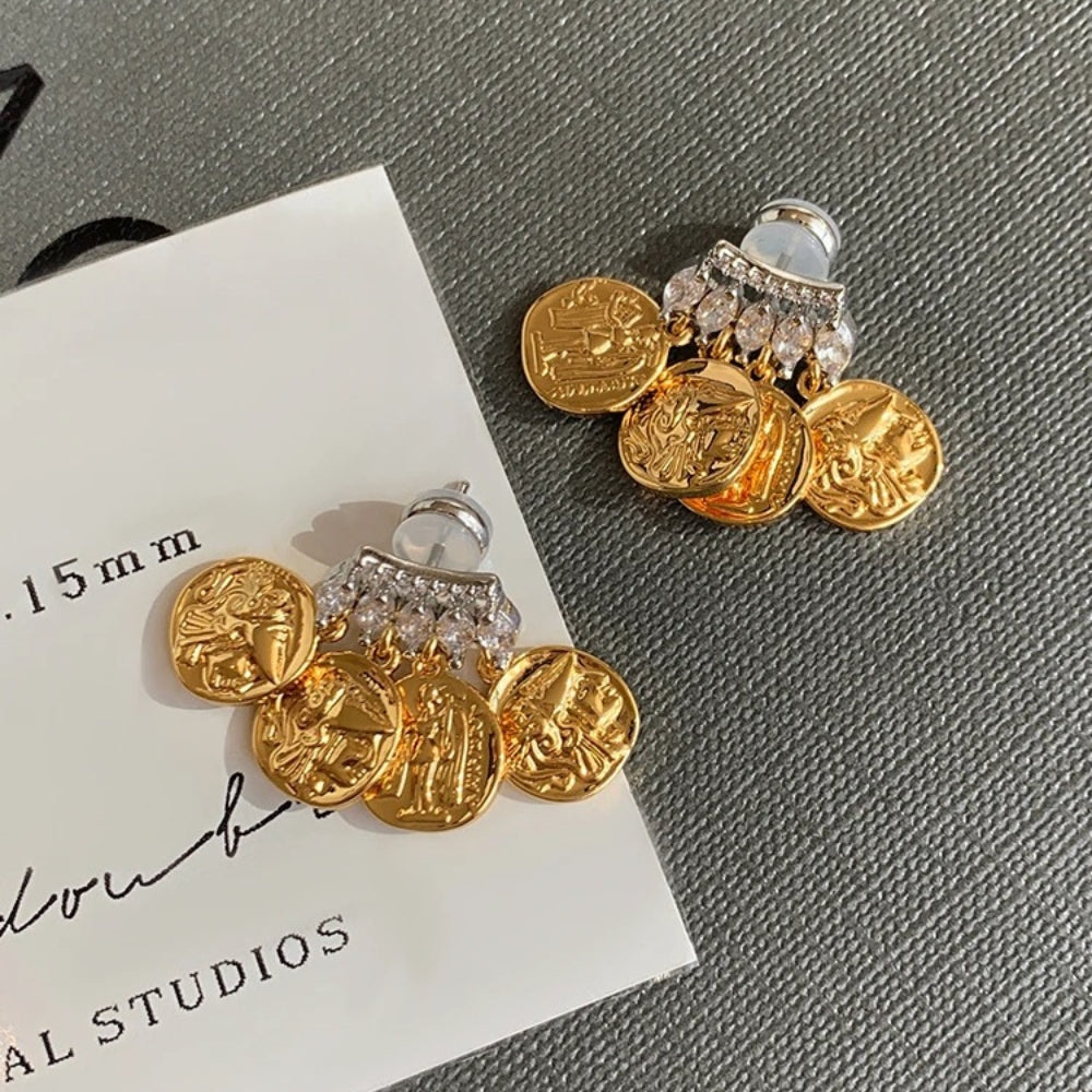 Gold Coin Clear Crystal Dangle Earrings-EllyBoutique