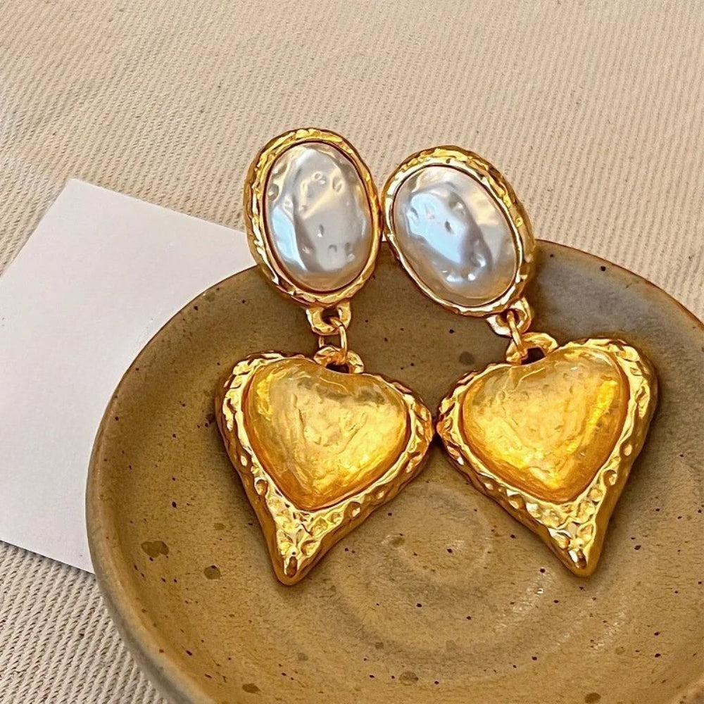 Vintage Pearl & Gold Heart Design Earrings-EllyBoutique