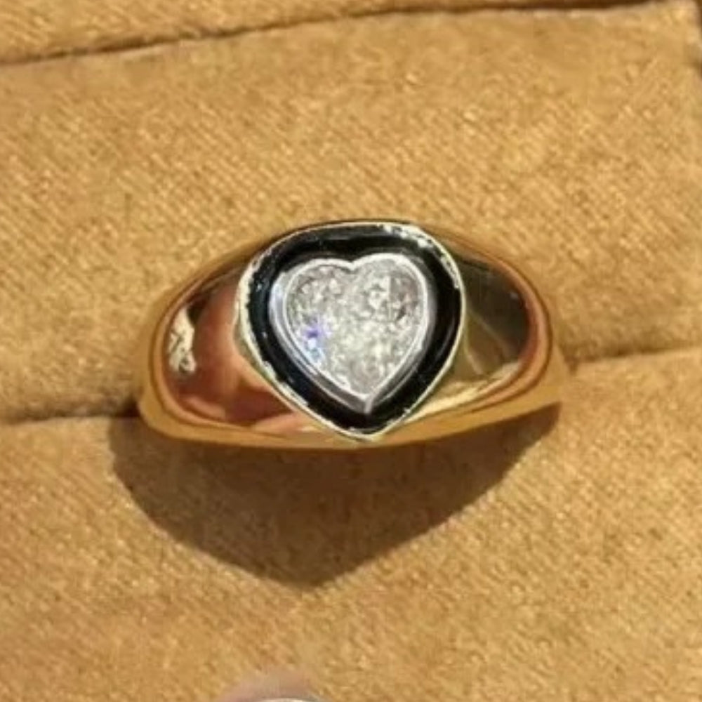 Retro Gold & Heart-Cut Diamond Black Enamel Adjustable Ring-EllyBoutique
