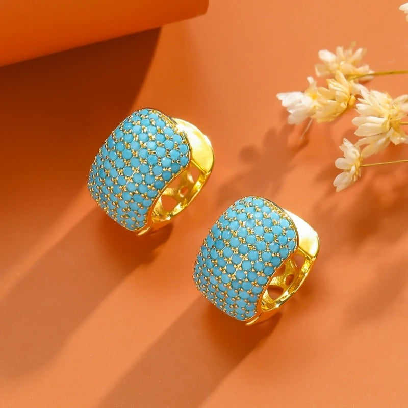 Vintage Blue Turquoise Gold Hoop Earrings-EllyBoutique