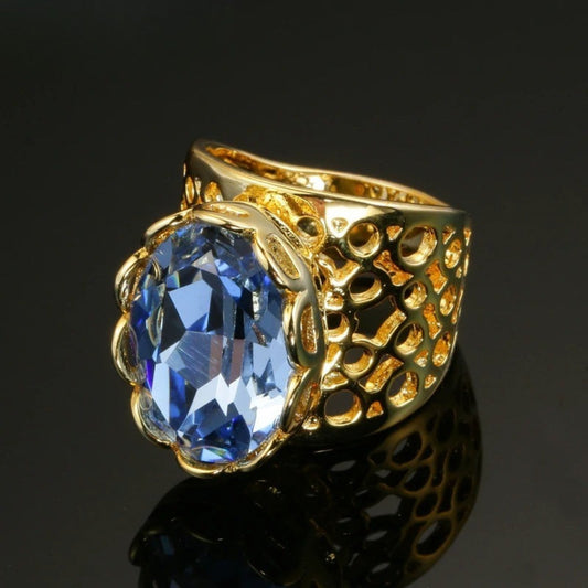 Classic Gold Blue Gem & Intricate Cut-Out Design Ring-EllyBoutique