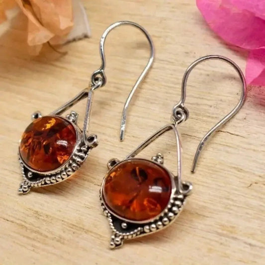 Silver Boho Amber Stone Earrings-EllyBoutique