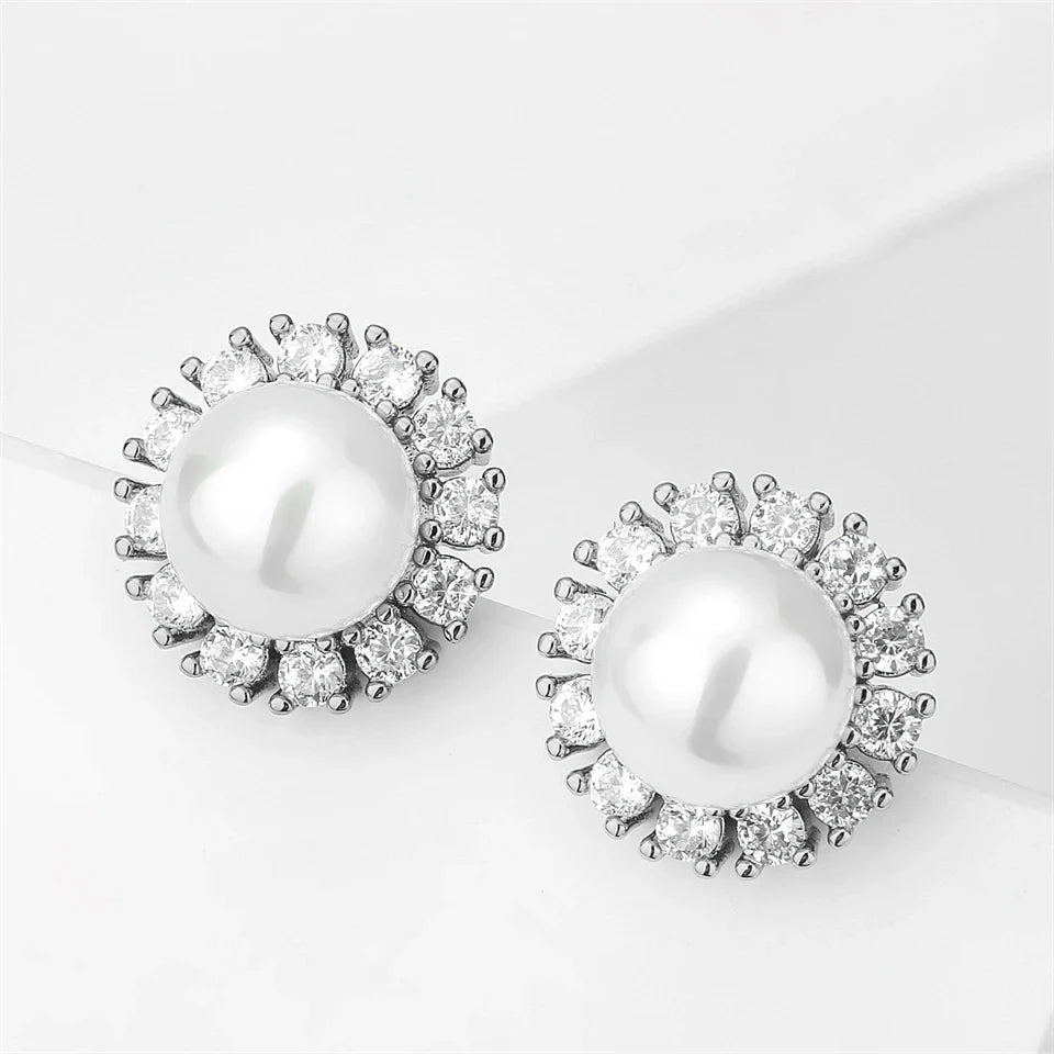 Vintage Silver Pearl Stud Earrings-EllyBoutique