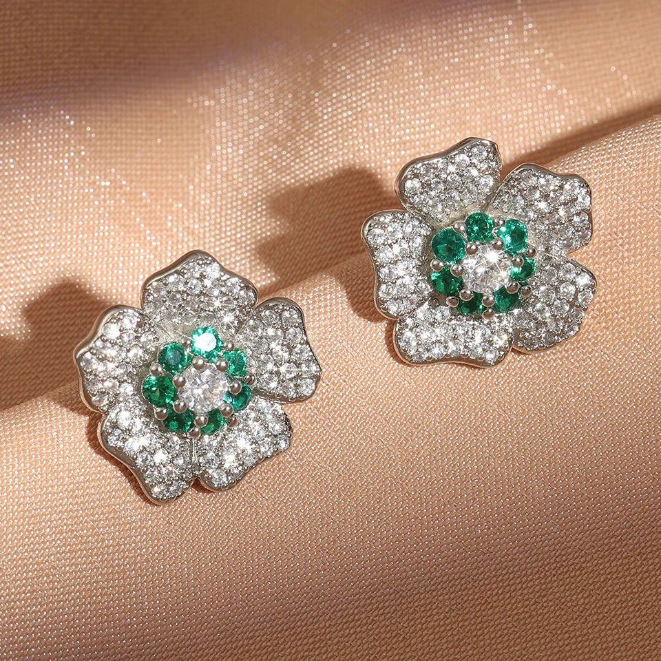 Vintage Green & Silver Floral Stud Earrings-EllyBoutique