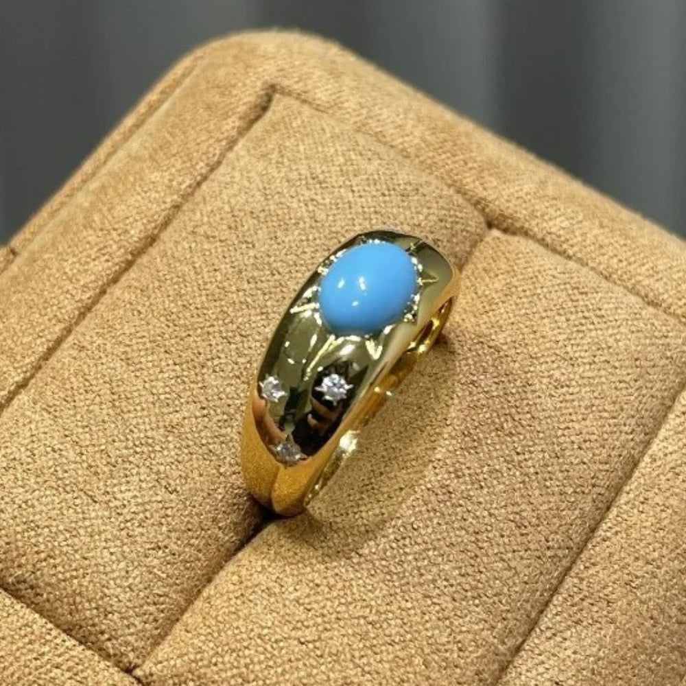 Vintage Diamond Inlay Turquoise Blue Shiny Adjustable Ring-EllyBoutique