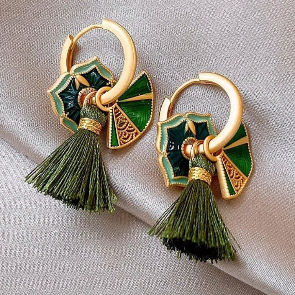 Vintage Gold & Green Floral Tassel Earrings-EllyBoutique
