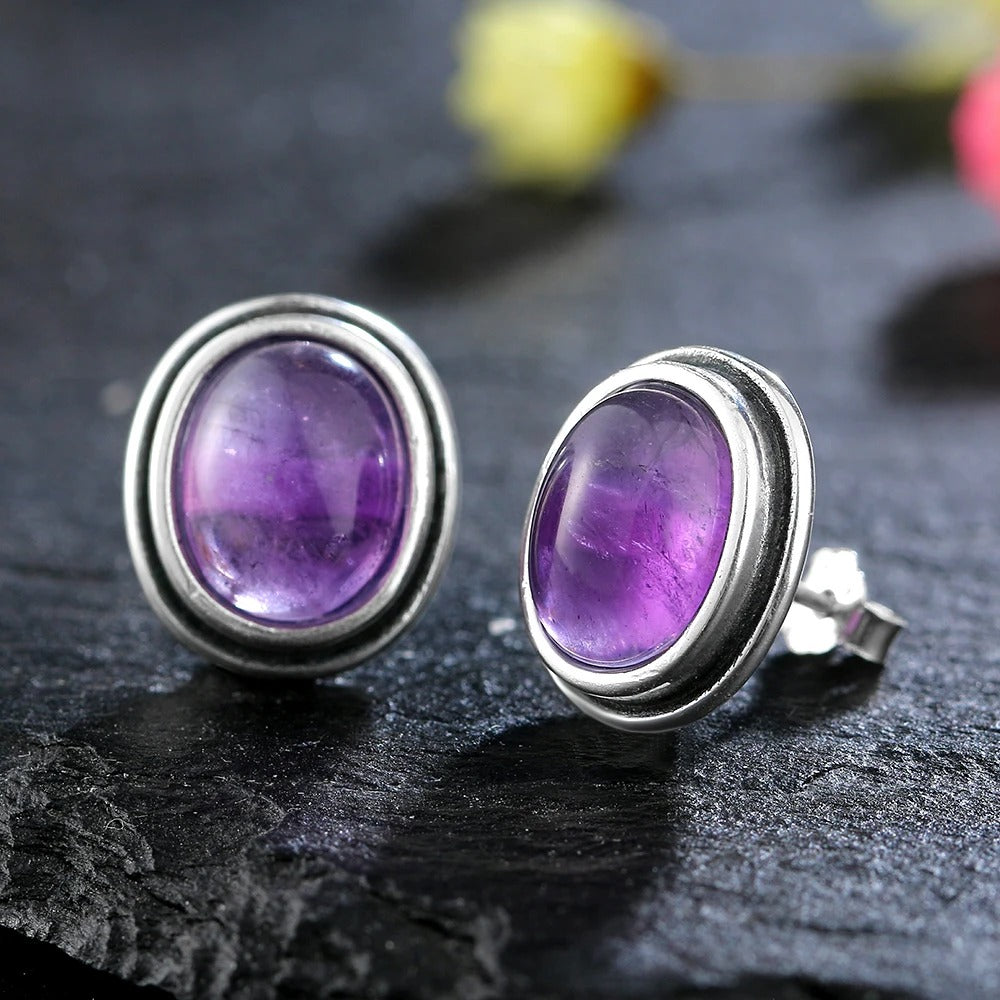Vintage Silver Amethyst Stud Earrings-EllyBoutique