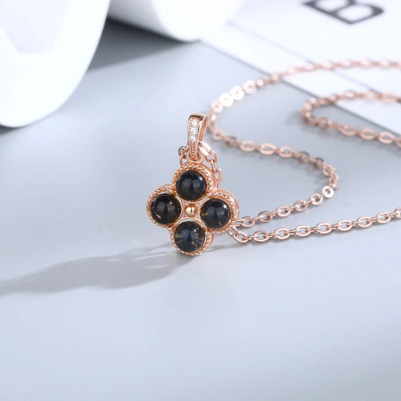 Vintage Blue Amber Clover Pendant Necklace-EllyBoutique