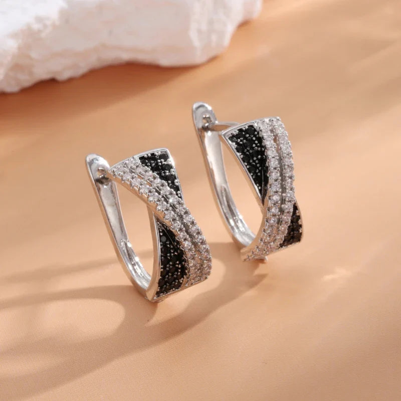Vintage Black & Silver Crossover Hoop Earrings-EllyBoutique