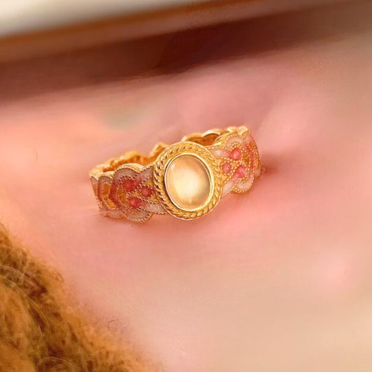 Vintage Gold & Unique Pink Crystal Oval Blossom Adjustable Ring-EllyBoutique
