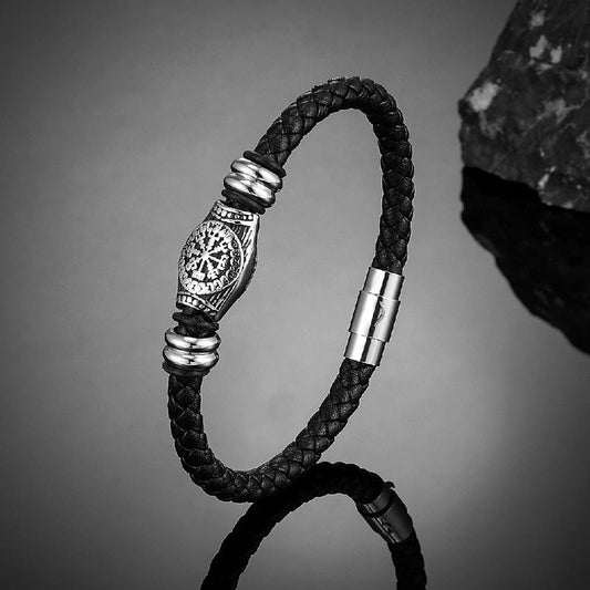 Braided Black Viking Compass Leather Bracelet-EllyBoutique