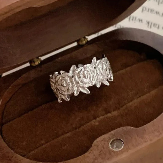 Classic Silver Rose Pattern Band Adjustable Ring-EllyBoutique