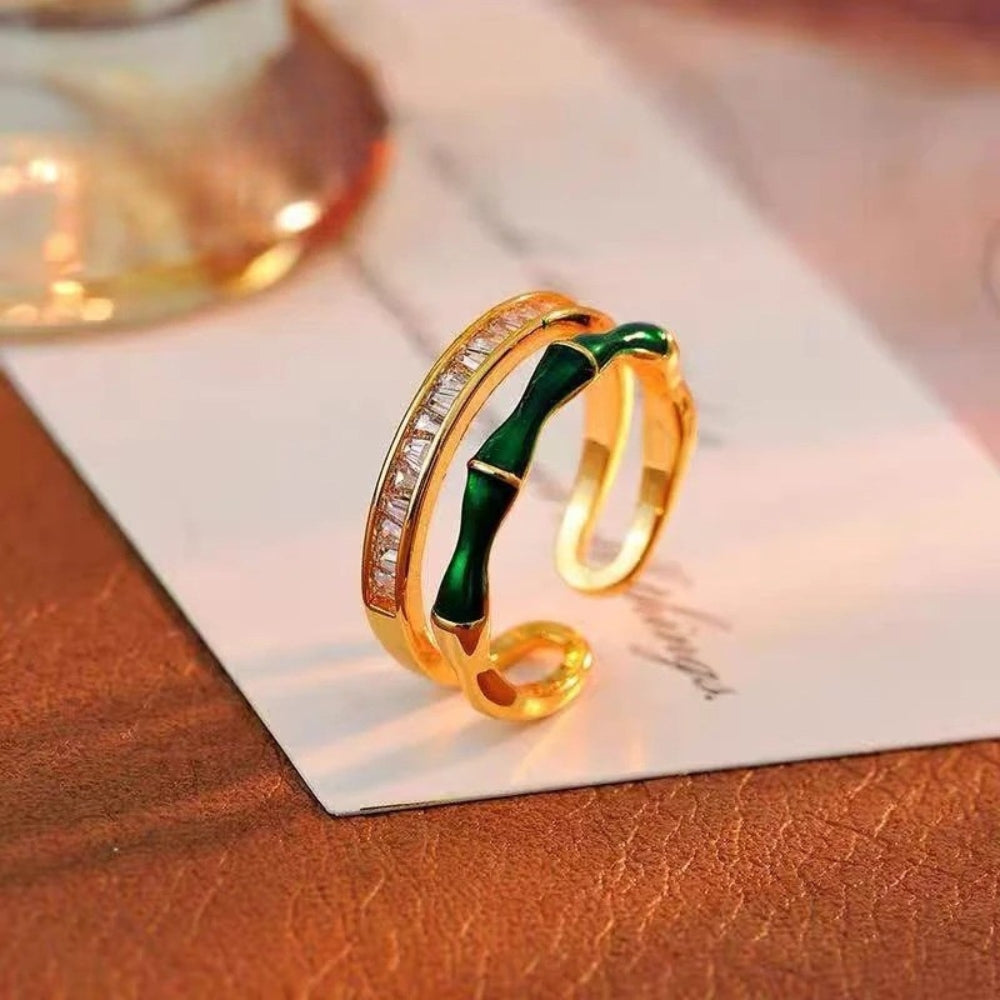 Double Layer Zircon Green Bamboo Shaped Adjustable Ring-EllyBoutique
