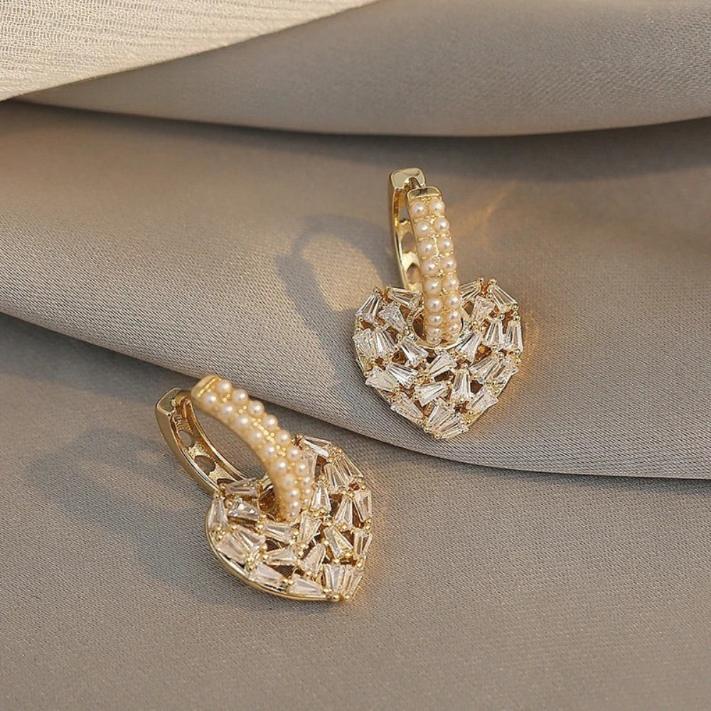Vintage Heart Shaped Gold & Pearl Earrings-EllyBoutique