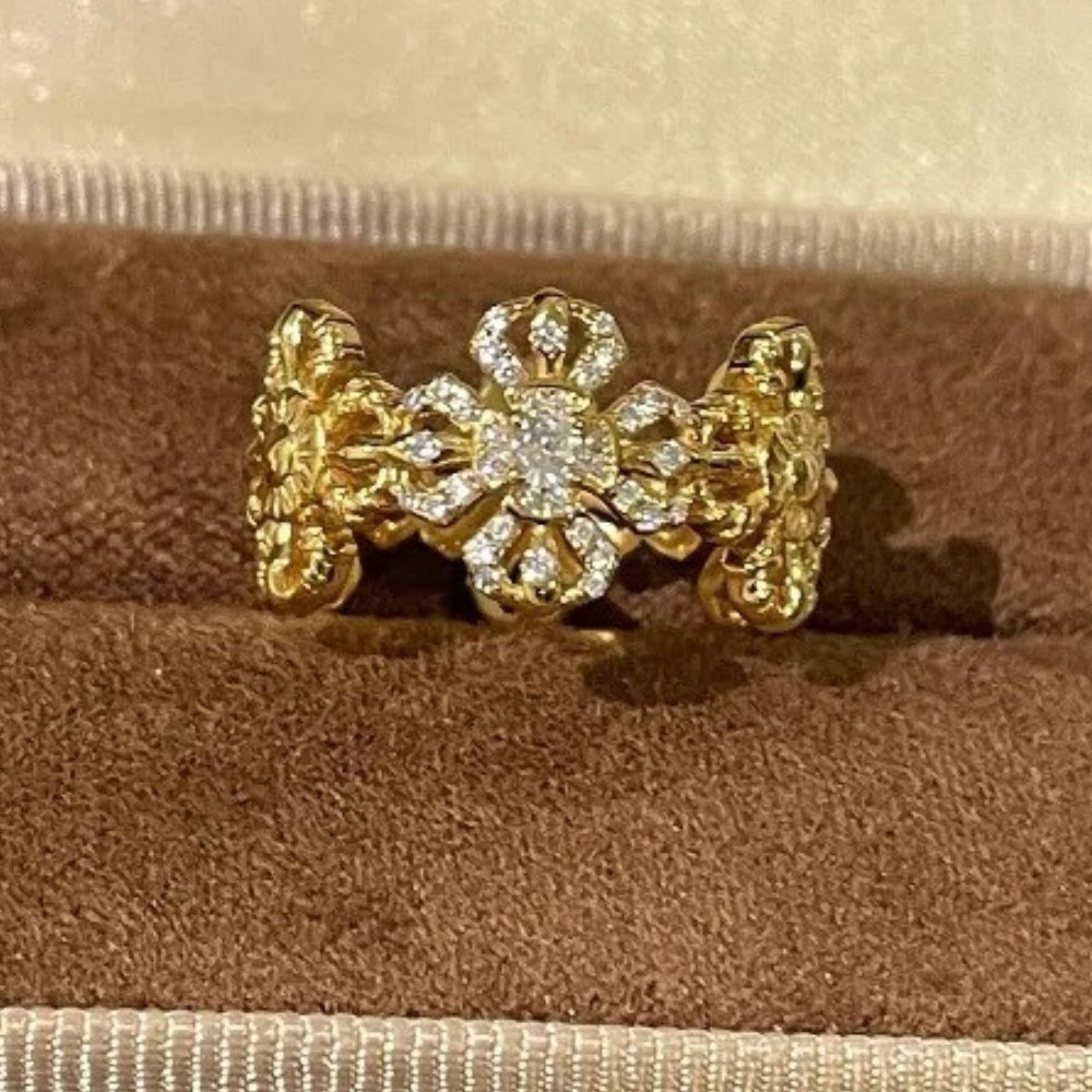 Vintage Gold & Diamond Floral Blossom Adjustable Ring-EllyBoutique