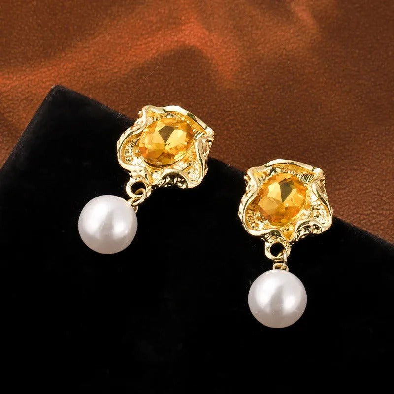 Gold Yellow Gemstone Pearl Earrings-EllyBoutique