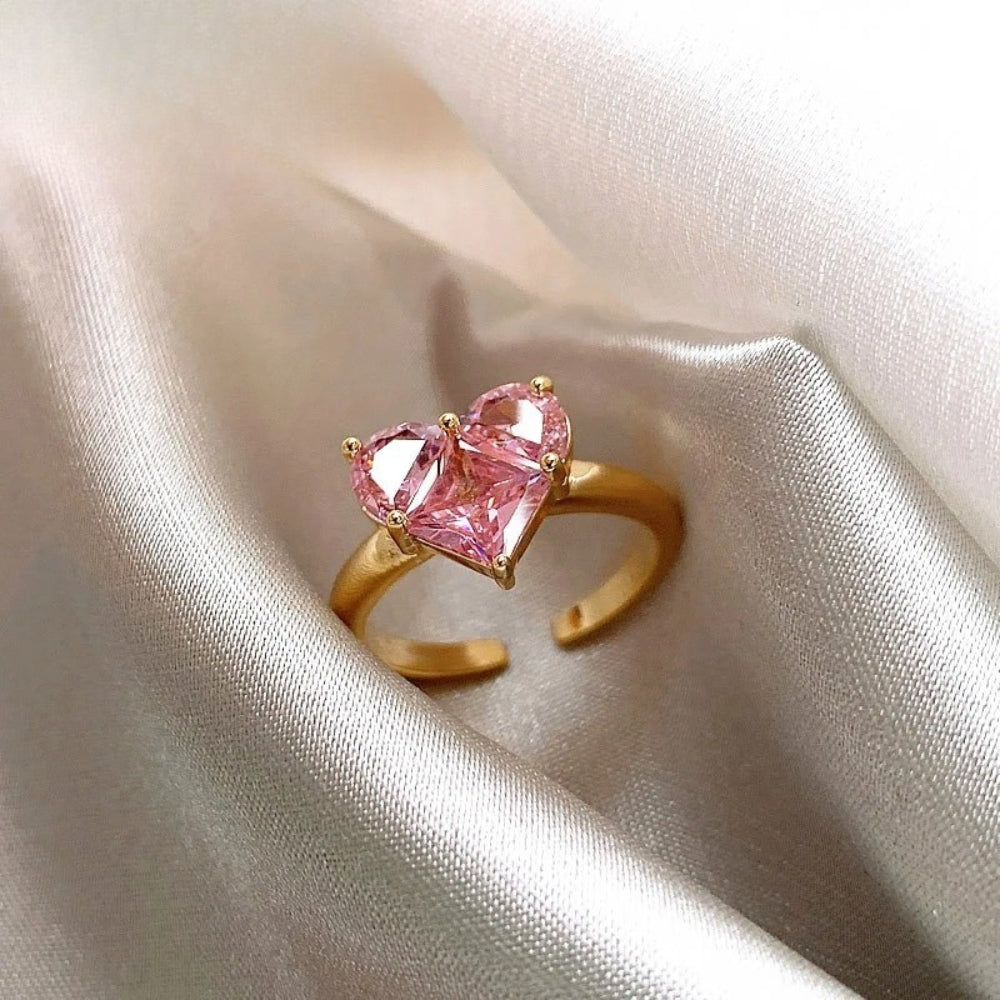 Vintage Gold Heart-Shaped Pink Gem Open Ring-EllyBoutique