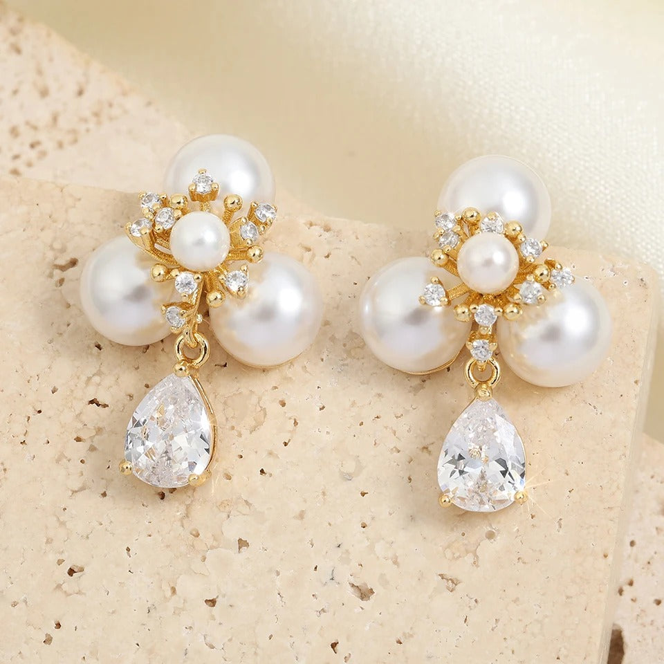 Classic Pearl Flower Drop Earrings-EllyBoutique