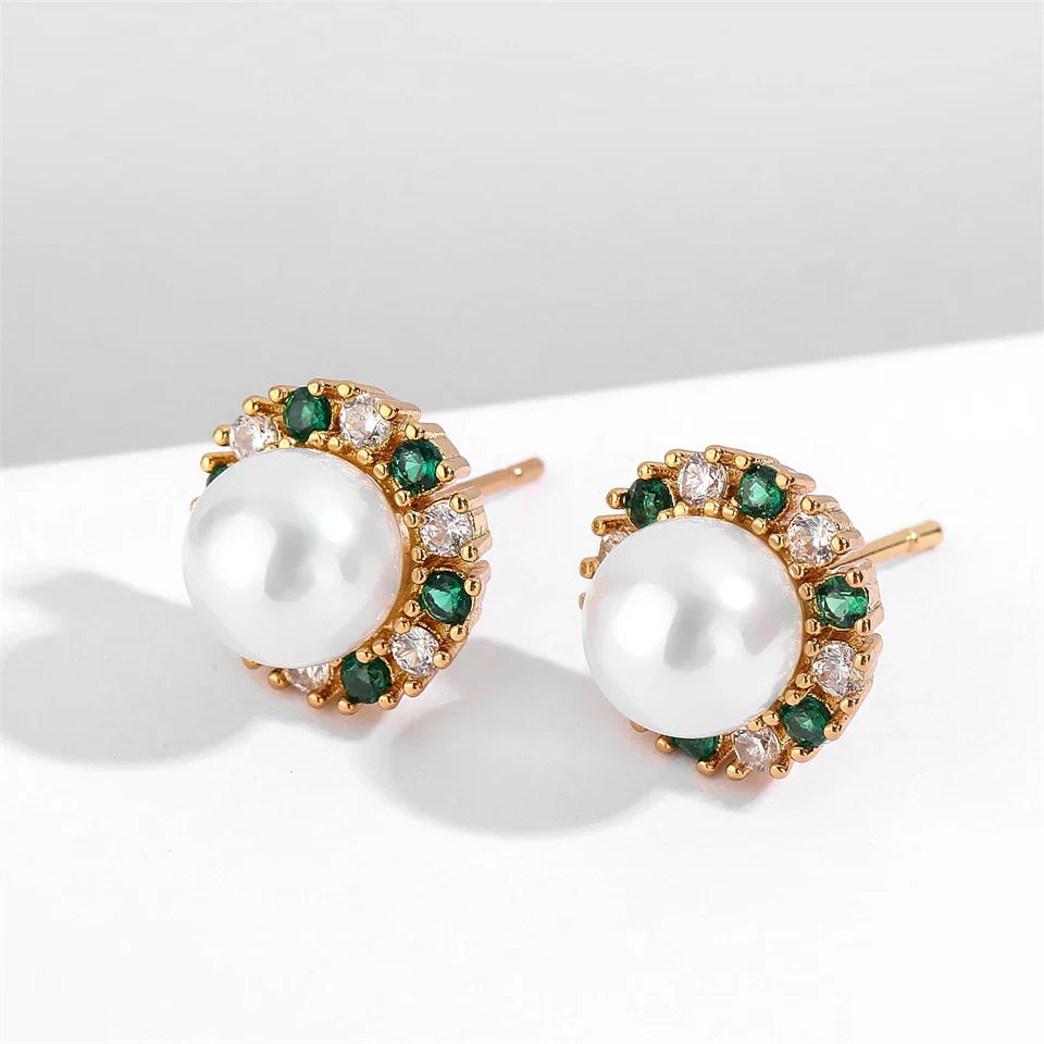 Vintage Green & White Pearl Stud Earrings-EllyBoutique