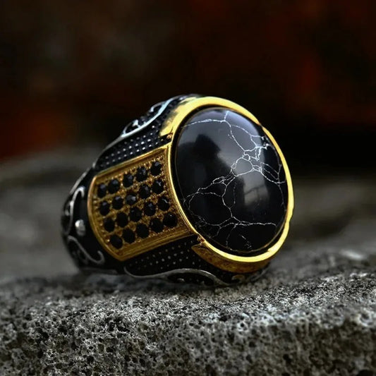 Vintage Black Marble Gold Ring-EllyBoutique