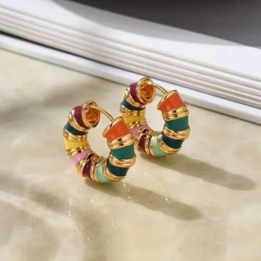 Gold Bohemian Multicolor Beads Hoop Earrings-EllyBoutique