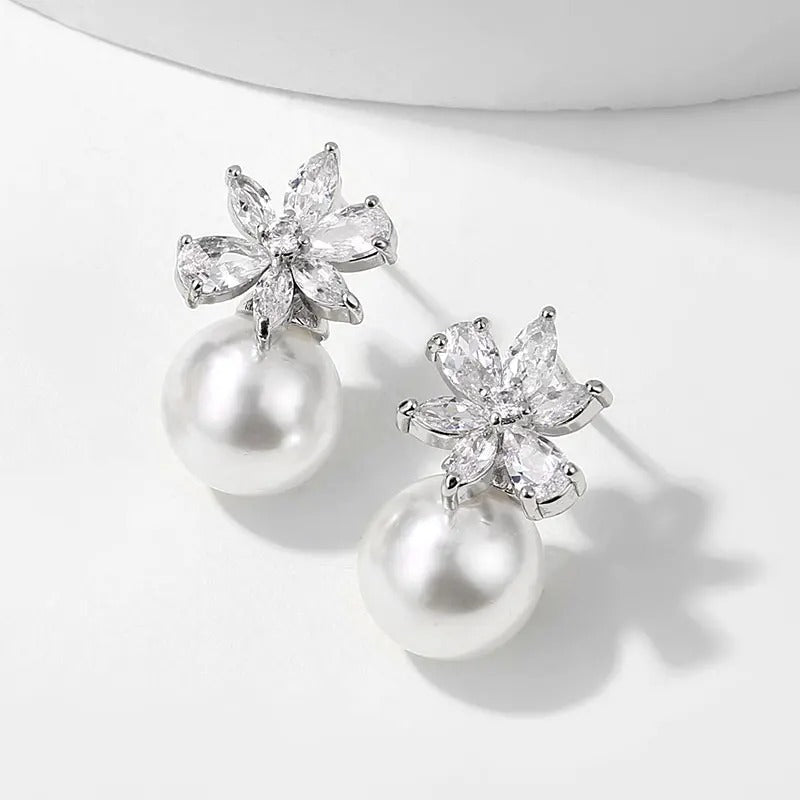 Vintage Silver Flower & Pearl Earrings-EllyBoutique