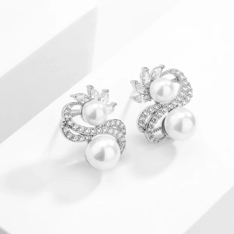 Vintage White Pearl Leaf Earrings-EllyBoutique
