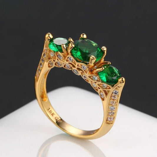 Classic Gold Three-Green Gem & Silver Accent Ring-EllyBoutique