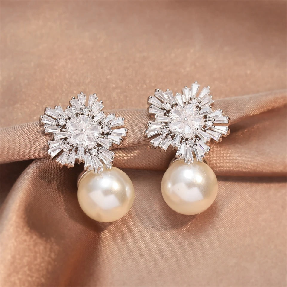 Vintage Snowflake Pearl Drop Earrings-EllyBoutique