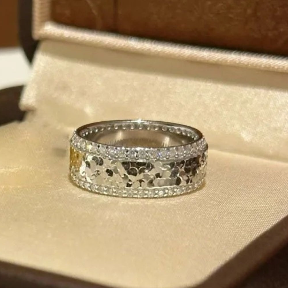 Classic Silver & Diamond Studded Sequin Crushed Ice Ring-EllyBoutique