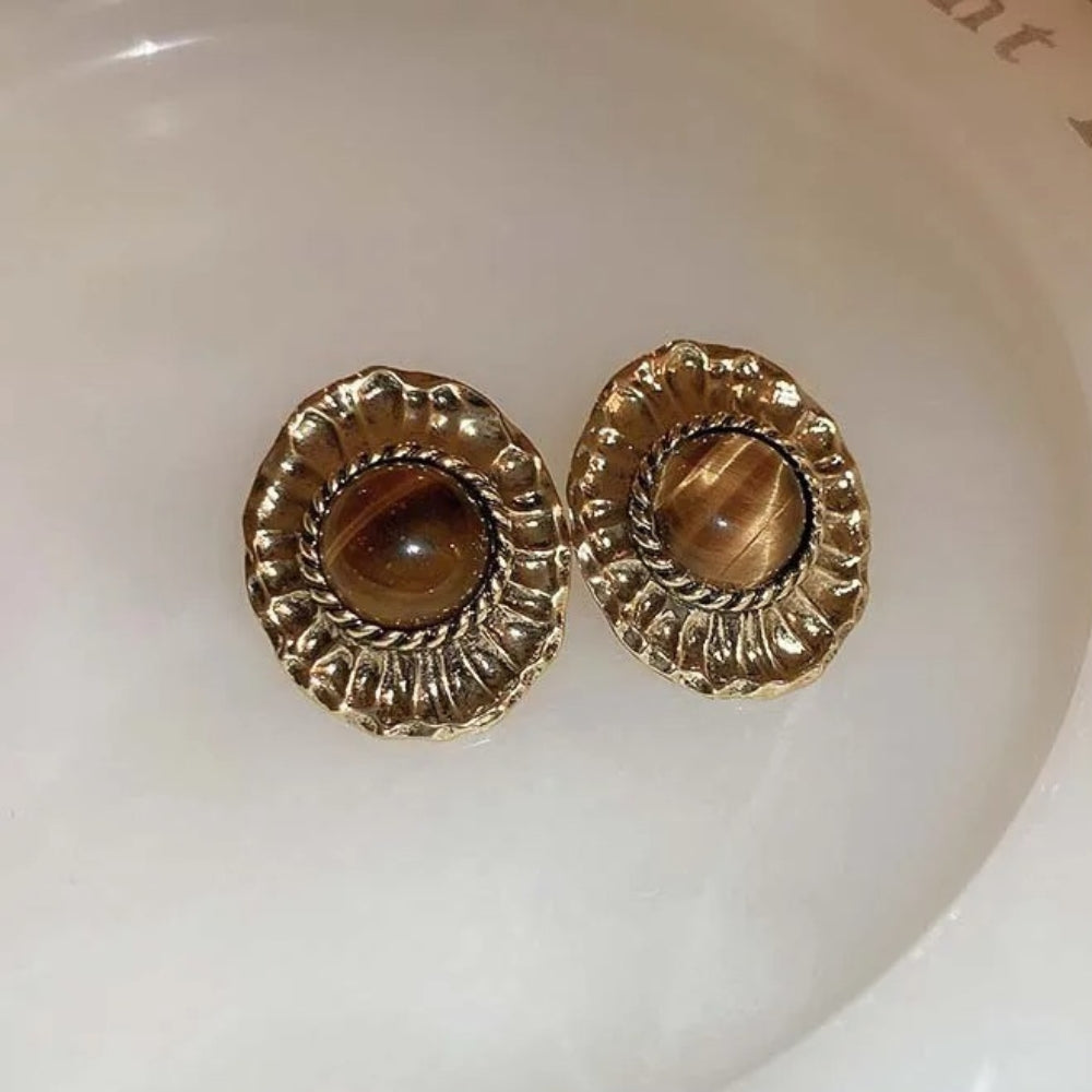 Vintage Gold Brown Oval Stud Earrings-EllyBoutique