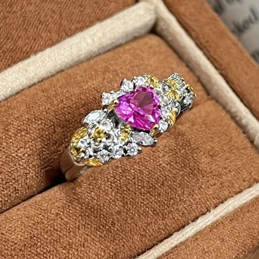 Vintage Floral Pink Heart-Shaped Gemstone Adjustable Ring-EllyBoutique