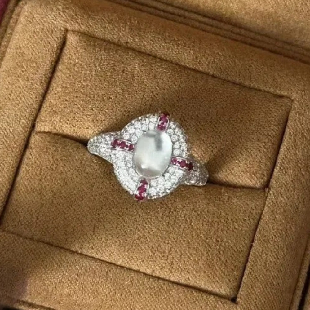Retro Silver & Ruby Oval Cluster Ring-EllyBoutique