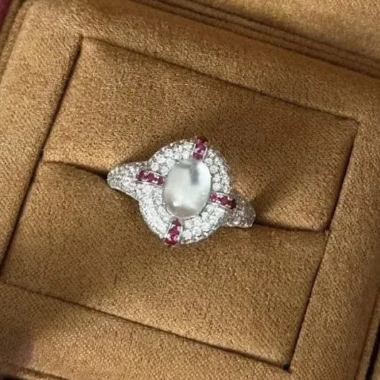 Retro Silver & Ruby Oval Cluster Ring-EllyBoutique
