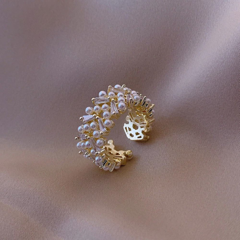 Vintage Pearl & Crystal Gold Adjustable Ring-EllyBoutique