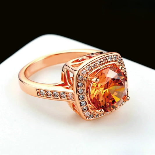 Rose Gold Crystal Center Stone & Sparkling Halo Ring-EllyBoutique