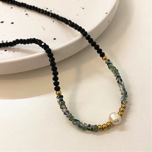 Gold & Pearl Black Bead Necklace-EllyBoutique