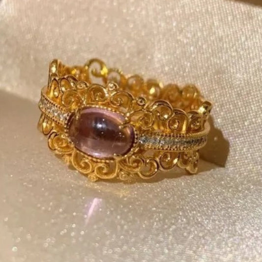 Classic Gold & Purple Oval Gemstone Filigree Crystal Adjustable Ring-EllyBoutique