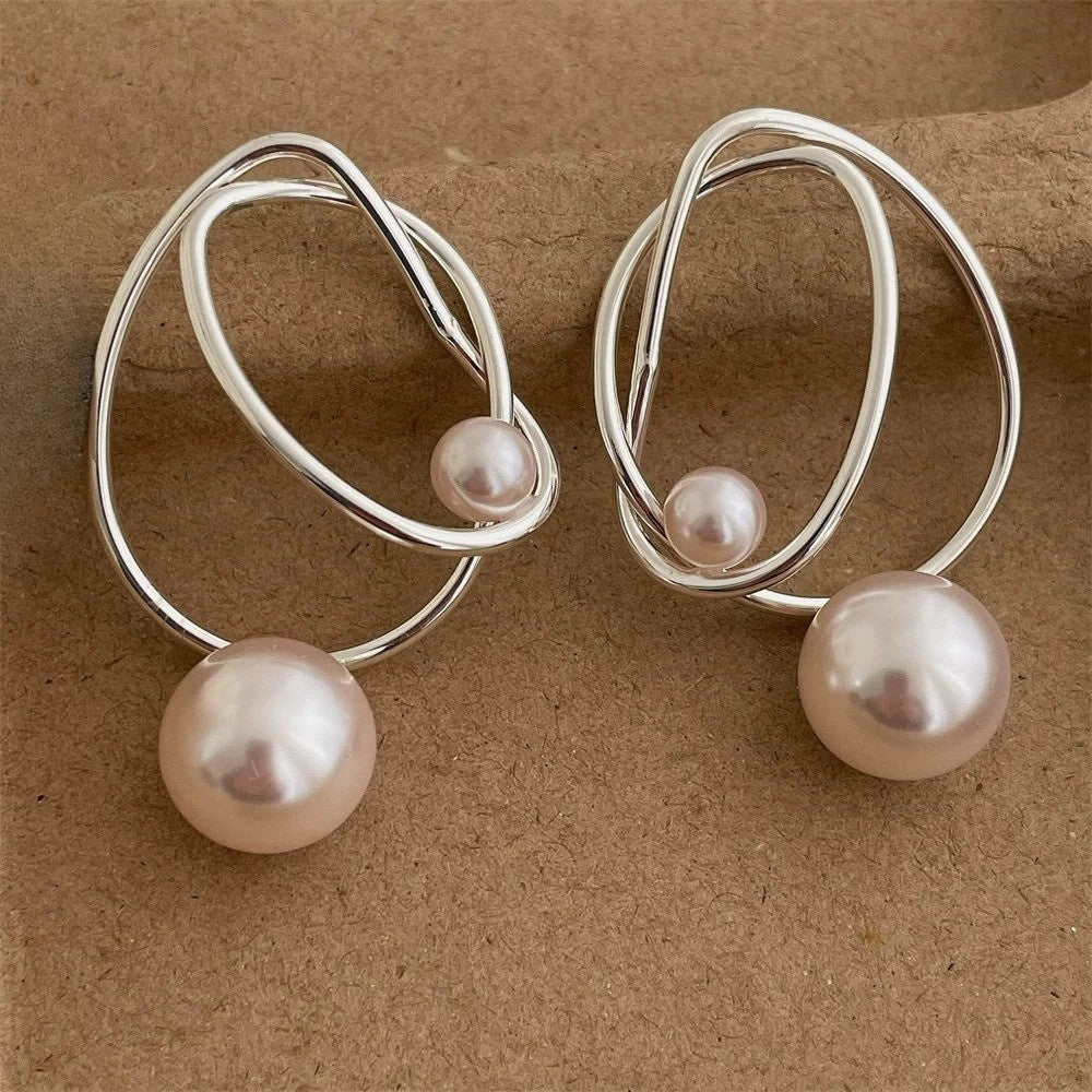 Vintage Silver Wire Pearl Pendant Earrings-EllyBoutique