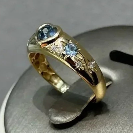 Vintage Gold Sea Blue Gemstone Heart-Shaped Star Adjustable Ring-EllyBoutique