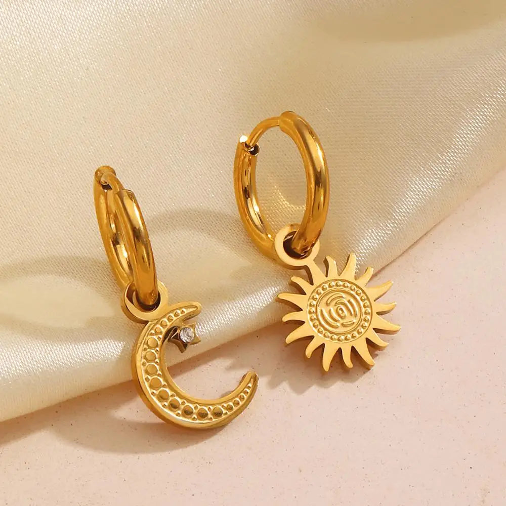 Vintage Sun & Moon Gold Hoop Earrings-EllyBoutique