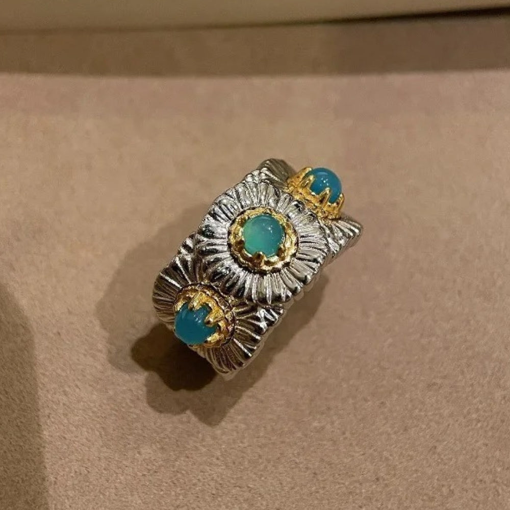 Classic Silver & Gold Floral Design Turquoise Adjustable Ring-EllyBoutique
