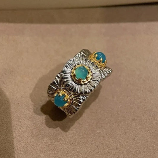 Classic Silver & Gold Floral Design Turquoise Adjustable Ring-EllyBoutique