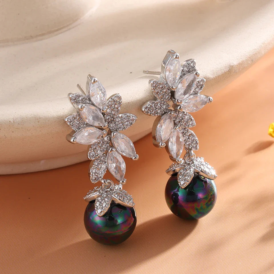 Silver Vintage Crystal & Dark Pearl Earrings-EllyBoutique