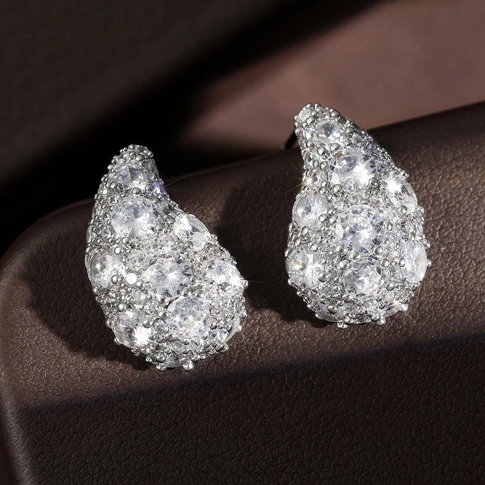 Silver Vintage Sparkling Water Drop Earrings-EllyBoutique